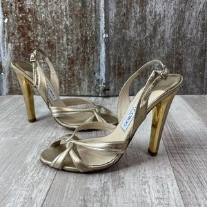 Jimmy Choo Sandals Heels Sz 37 7 Leather Metallic Gold Slingback Strappy Open To